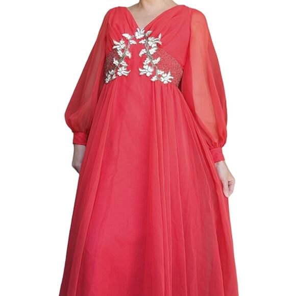 Vintage Mike Benet Formals 70s 60s Red Sheer Fairy Maxi Beaded Evening Dress 2 - Picture 4 of 16